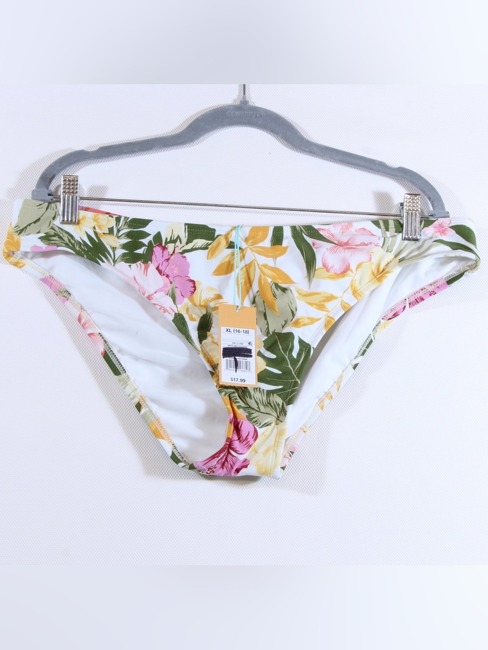 Kona Sol White Pink Leafy Floral Medium Coverage Hipster Bikini Bottom NWT